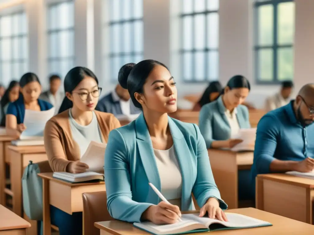 Una ilustración detallada de un examen lingüístico con personas de diferentes culturas concentradas en sus pruebas, rodeadas de libros de idiomas