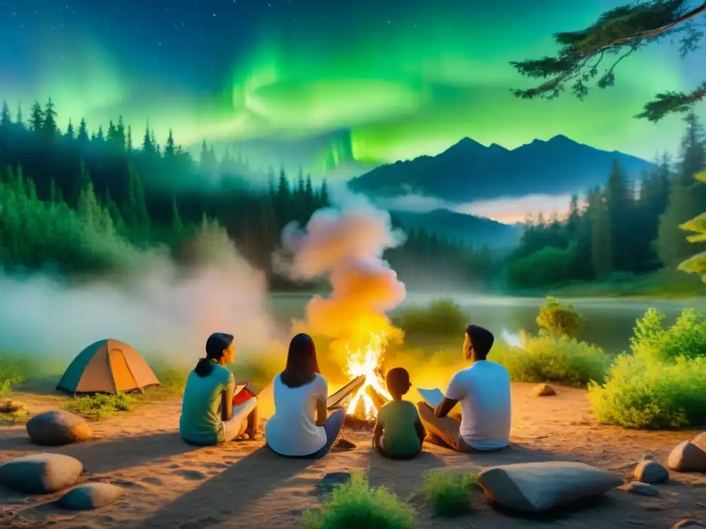 Encanto familiar: lecturas y dialectos en el bosque Una ilustración acuarela detallada de familia leyendo libros en dialectos, en un campamento nocturno