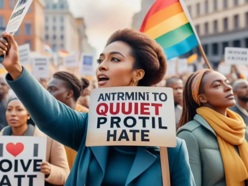 Protesta pacífica: Unión y esperanza en la ciudad Una ilustración acuarela detallada de grupo diverso en protesta pacífica en plaza ciudad