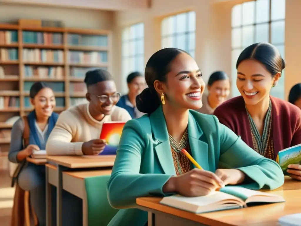 Una ilustración acuarela detallada de un grupo diverso aprendiendo idiomas juntos en un aula colorida, fomentando la unidad y el intercambio cultural