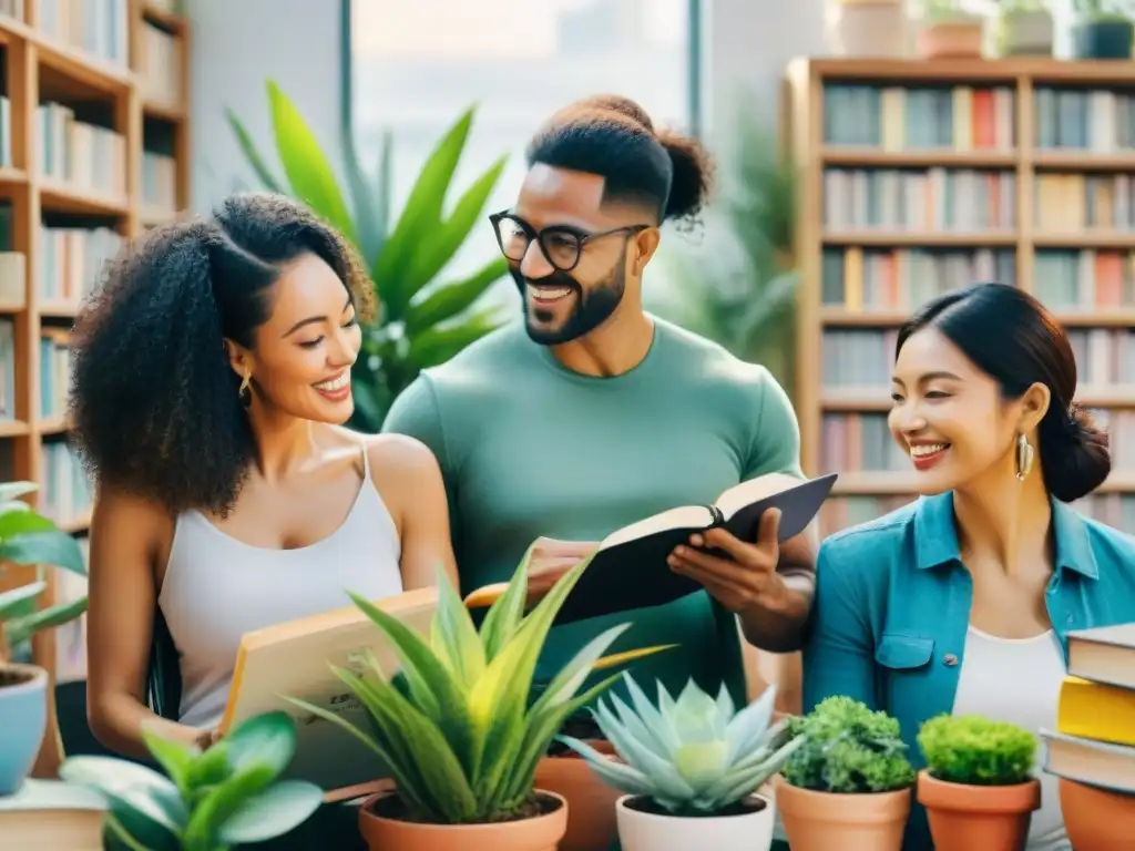 Una ilustración acuarela detallada de un grupo diverso aprendiendo idiomas, rodeados de libros y plantas