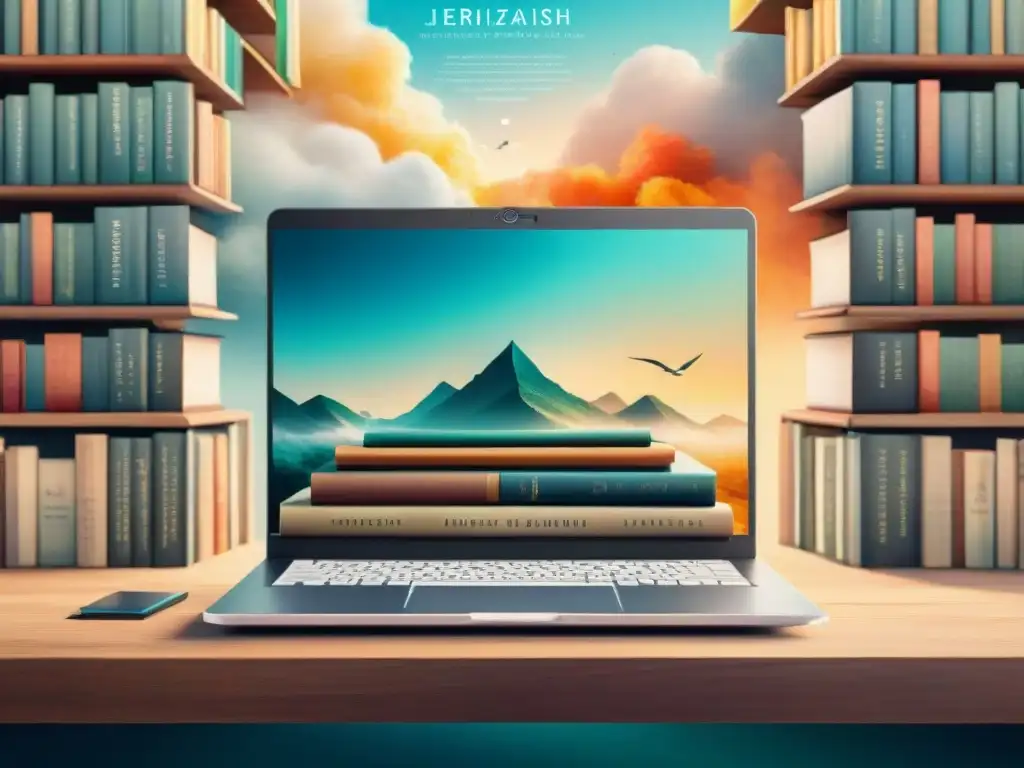 Una ilustración detallada de una laptop moderna rodeada por libros flotantes de diferentes géneros y lenguajes, con portadas vibrantes