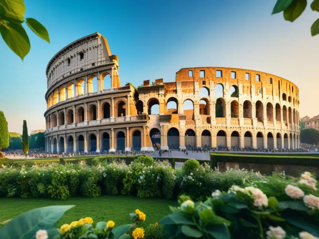 Una ilustración acuarela detallada de un majestuoso Coliseo Romano bañado en luz dorada, rodeado de exuberante vegetación y flores en flor