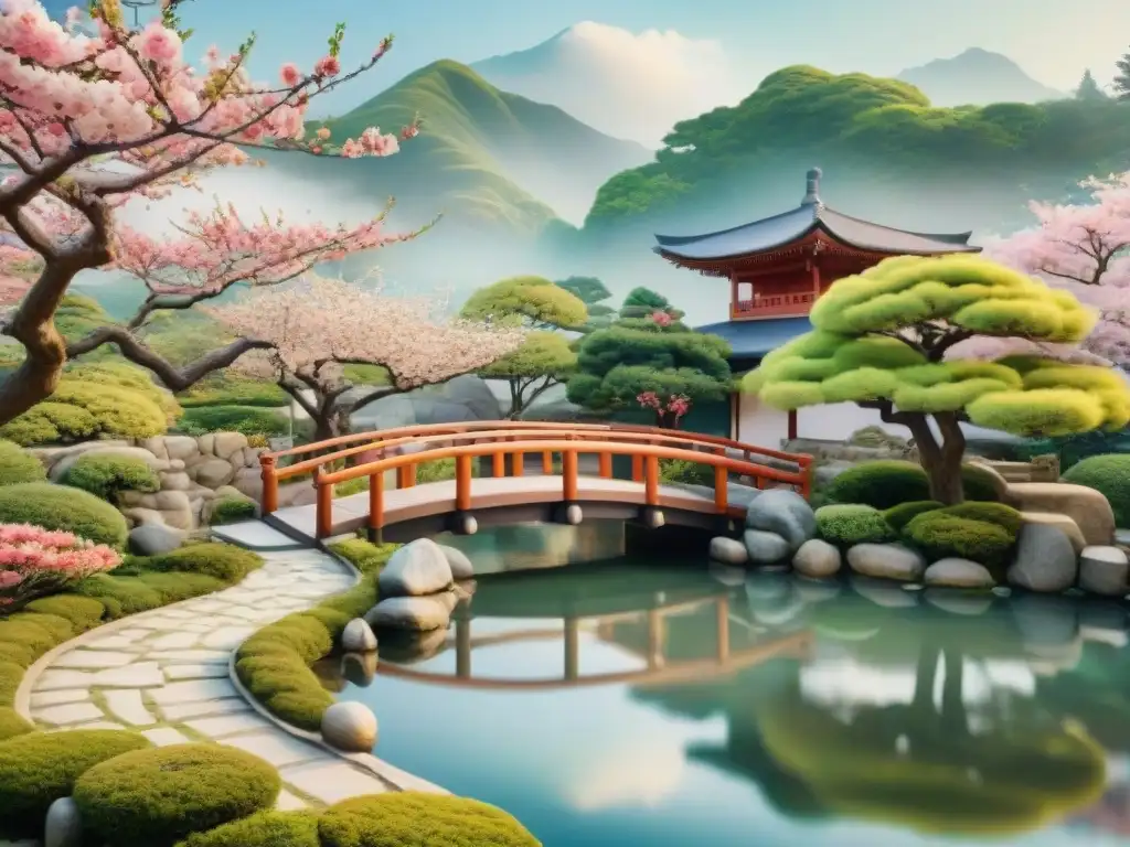 Una ilustración acuarela detallada de un jardín japonés y paisaje coreano, representando la relación entre ambos idiomas