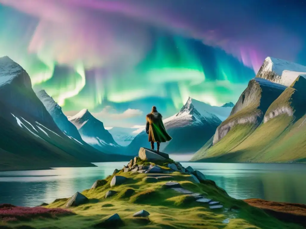 Una ilustración acuarela detallada de un paisaje nórdico místico con montañas, bosques, fiordo y auroras boreales