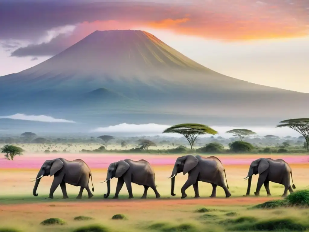 Una ilustración detallada de un paisaje sereno en Tanzania al amanecer, con el Monte Kilimanjaro, llanuras verdes y una aldea Maasai