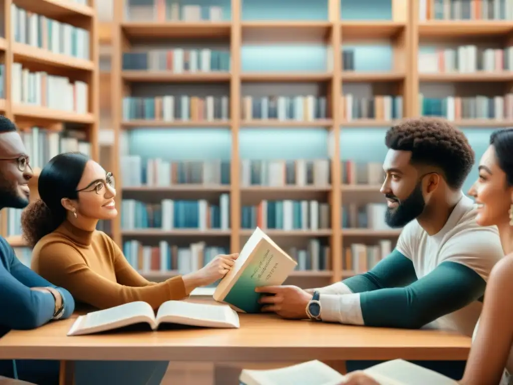 Una ilustración acuarela detallada de personas diversas debatiendo en una biblioteca acogedora, reflejando entendimiento y colaboración