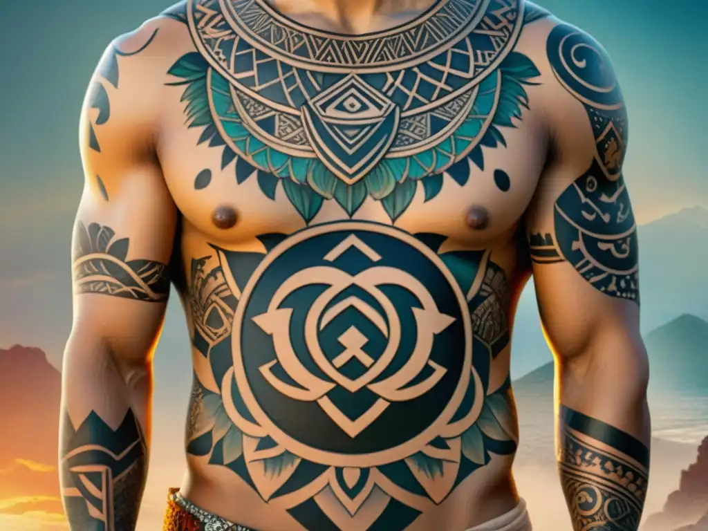 Una ilustración acuarela detallada de tatuajes culturales tradicionales de todo el mundo, entrelazados para simbolizar la riqueza del arte del tatuaje