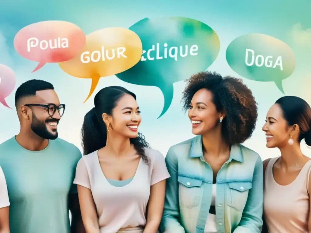 Una ilustración acuarela detalla gente diversa sonriendo, hablando y conectando en diferentes idiomas, con burbujas de diálogo multilingües