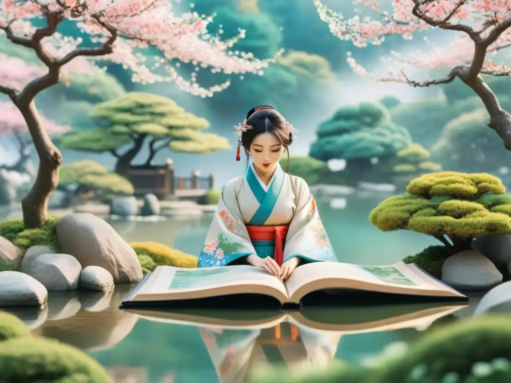 Una ilustración acuarela muestra un jardín japonés con cerezos en flor, una figura en hanbok tradicional traduciendo manga, y volúmenes de manga y manhwa