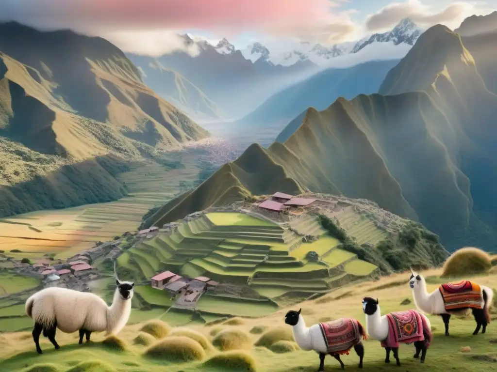 Una ilustración acuarela de un paisaje andino sereno al amanecer, con valles verdes, llamas, mujeres quechuas tejiendo y picos nevados de los Andes