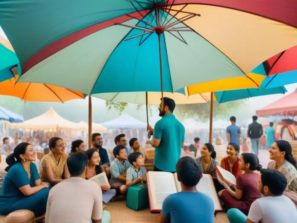 Una impactante escena de festival literario bilingüe con diversidad cultural y niños atentos a cuentos, enriqueciendo el amor por las lenguas