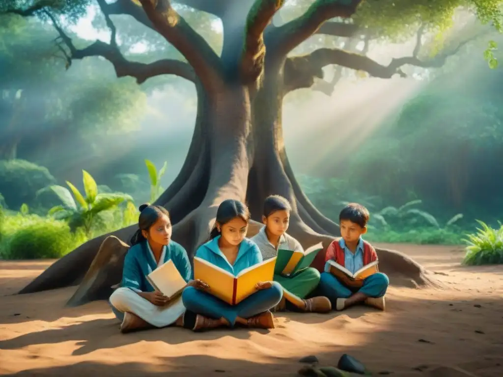 Impacto colonial: niños indígenas aprendiendo bajo un árbol, rodeados de libros y símbolos lingüísticos, en un bosque exuberante