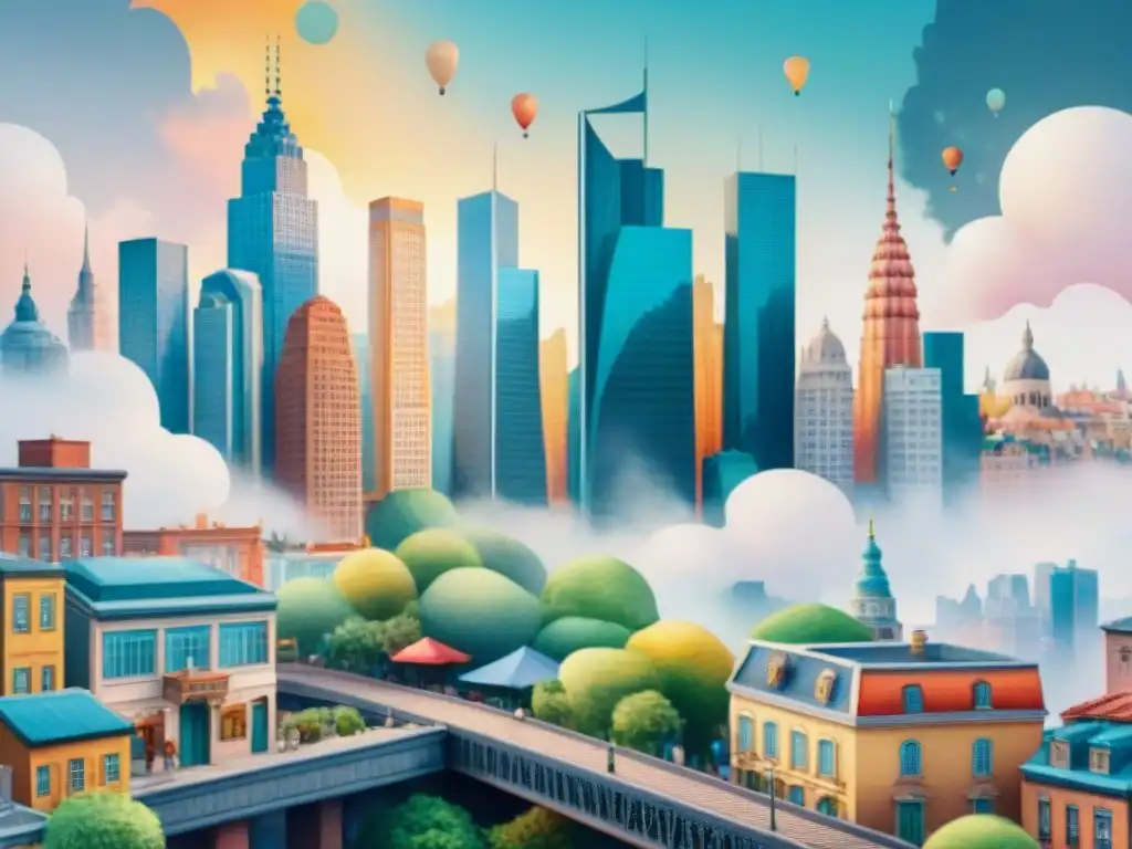 Ciudad multicultural: acuarela detallada de diversidad lingüística y urbana Impacto de la urbanización en los dialectos regionales: ilustración detallada de una ciudad bulliciosa con arquitectura diversa y una mezcla vibrante de culturas y lenguajes