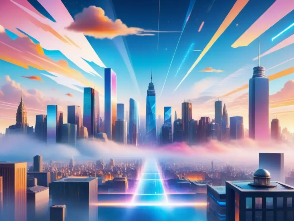 Impacto de innovaciones tecnológicas en terminología: Ilustración acuarela de ciudad futurista con hologramas en atardecer vibrante