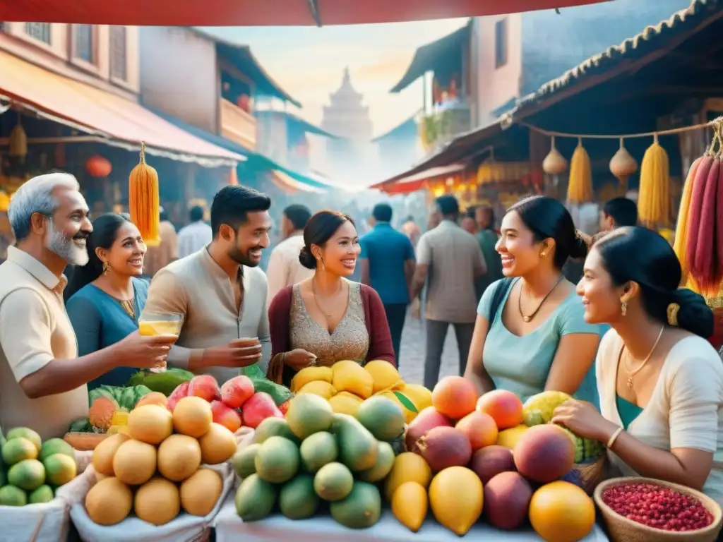 Importancia de la diversidad lingüística en la adquisición de idiomas en un animado mercado multicultural al atardecer