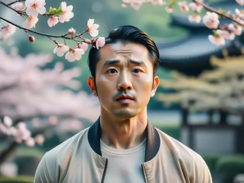 La importancia del lenguaje no verbal en cine: Ojos expresivos de un actor asiático, reflejando emociones en un jardín japonés con cerezos en flor