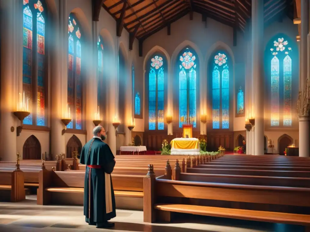 Una ilustración acuarelada detalla la importancia del Latín en liturgia, mostrando el interior de una majestuosa catedral iluminada por vitrales