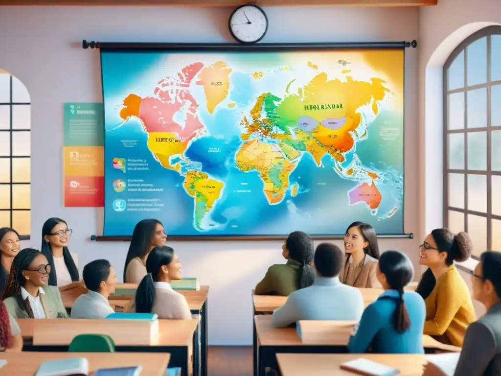 Clase multicultural vibrante: estudiantes en interacción multilingüe Importancia del multilingüismo en educación: Ilustración acuarela de estudiantes diversos en aula interactiva y multilingüe