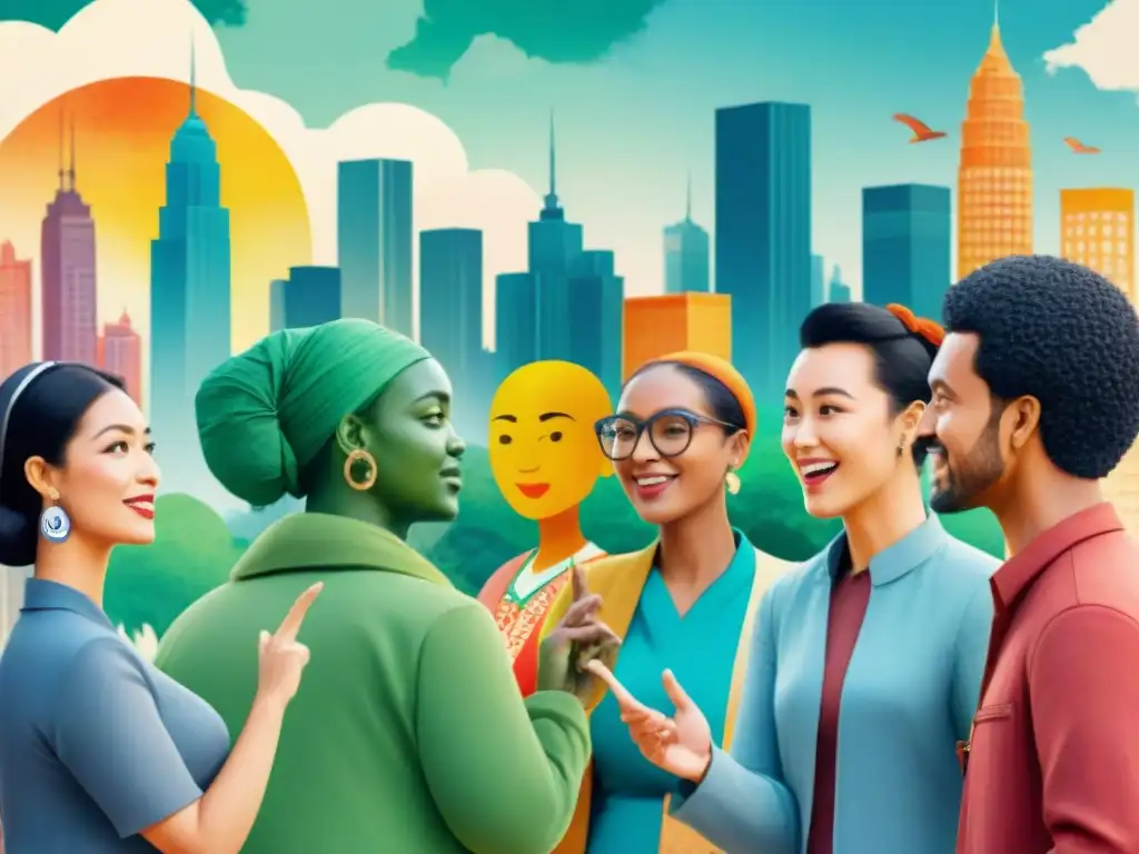 Importancia de la comunicación no verbal cultural: Grupo diverso en animada conversación, representando sus culturas con gestos y expresiones