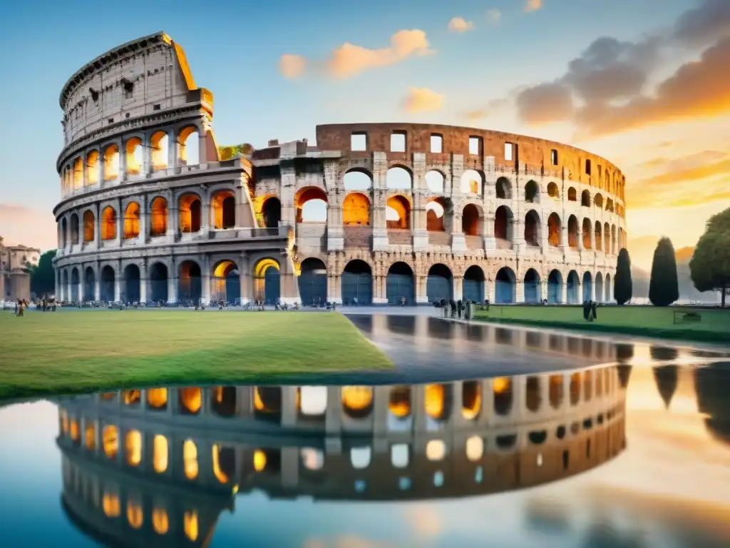Impresionante acuarela del majestuoso Coliseo Romano al atardecer, reflejos de colores vibrantes en el agua, aves en el cielo