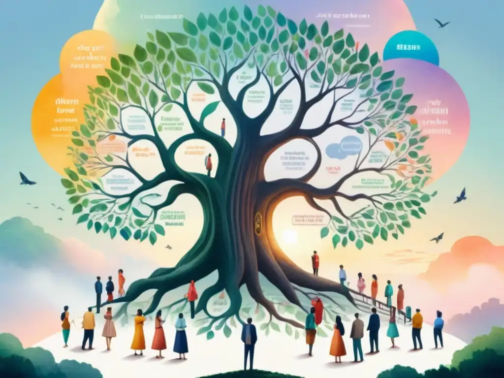 Una ilustración acuarela impresionante de diversidad cultural alrededor de un árbol antiguo, con globos de diálogo y hojas inscritas en varios idiomas