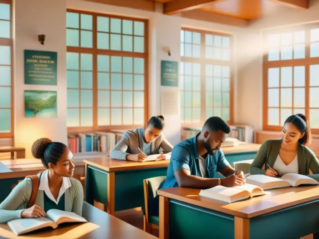 Una ilustración acuarela impresionante de estudiantes de todo el mundo en un aula vibrante, rodeados de libros en varios idiomas