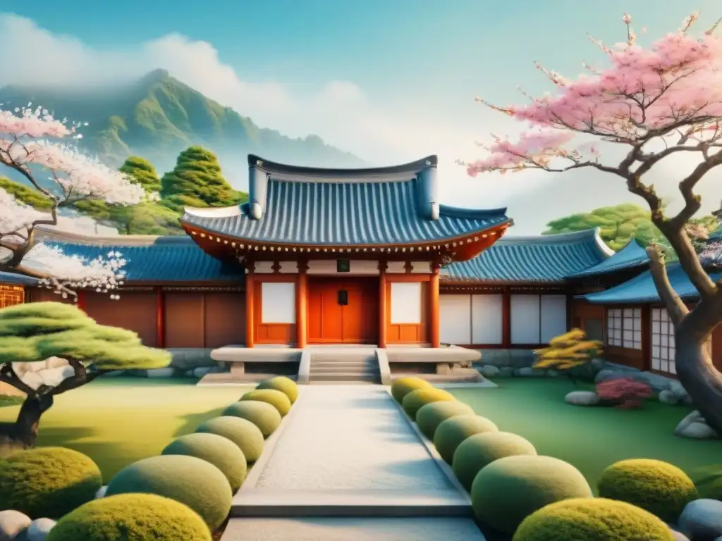 Una ilustración acuarela impresionante de un jardín japonés sereno y una casa hanok coreana entre árboles de cerezo, simbolizando la conexión armónica entre las expresiones idiomáticas japonés coreano