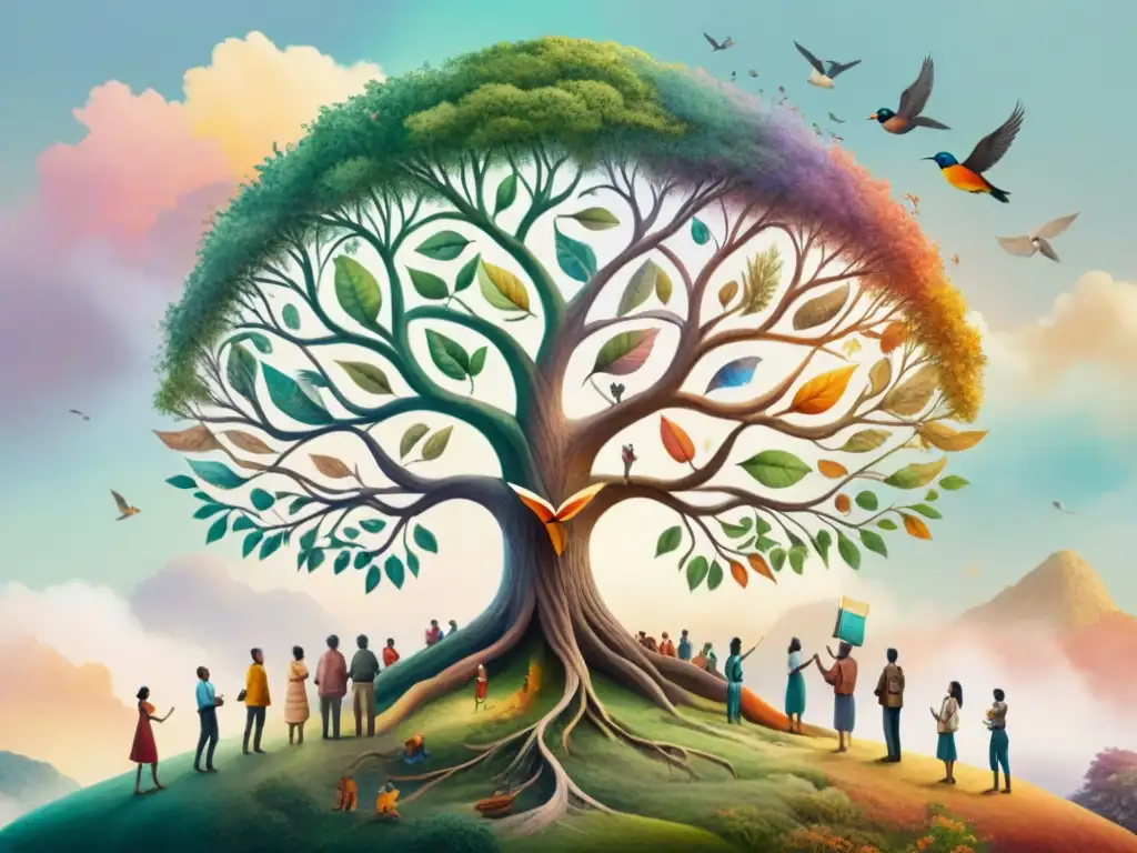 Una ilustración acuarela impresionante de personas diversas alrededor de un árbol antiguo, con libros y aves coloridas