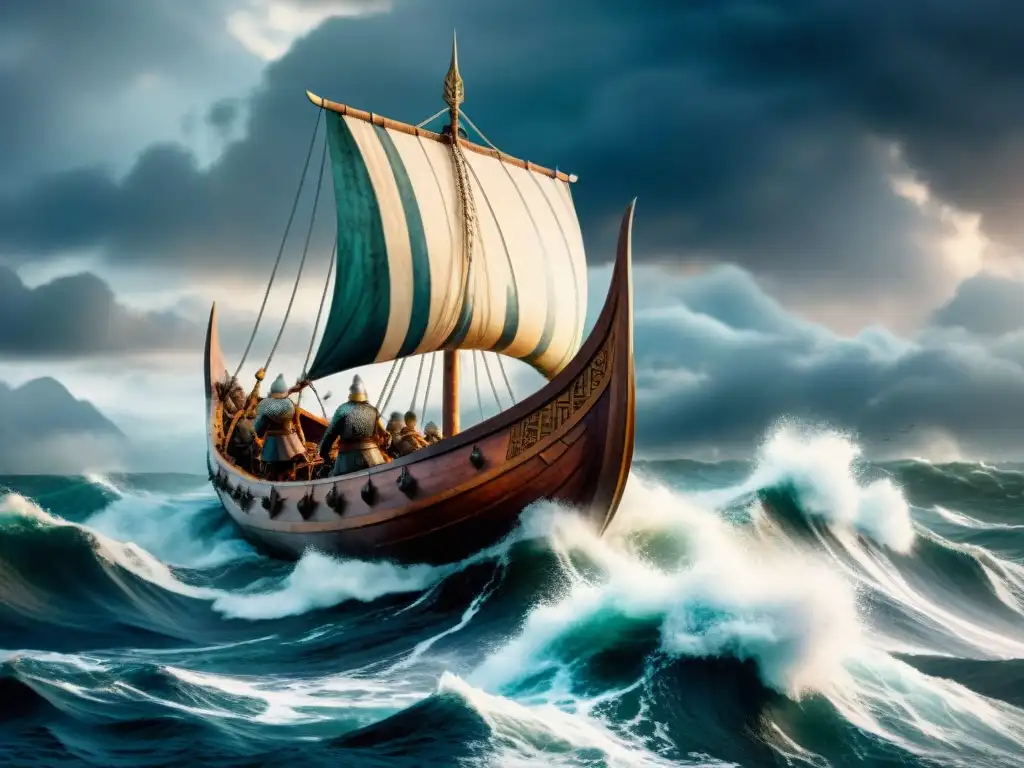 Impresionante ilustración acuarela de un drakkar vikingo surcando mares turbulentos bajo un cielo tormentoso