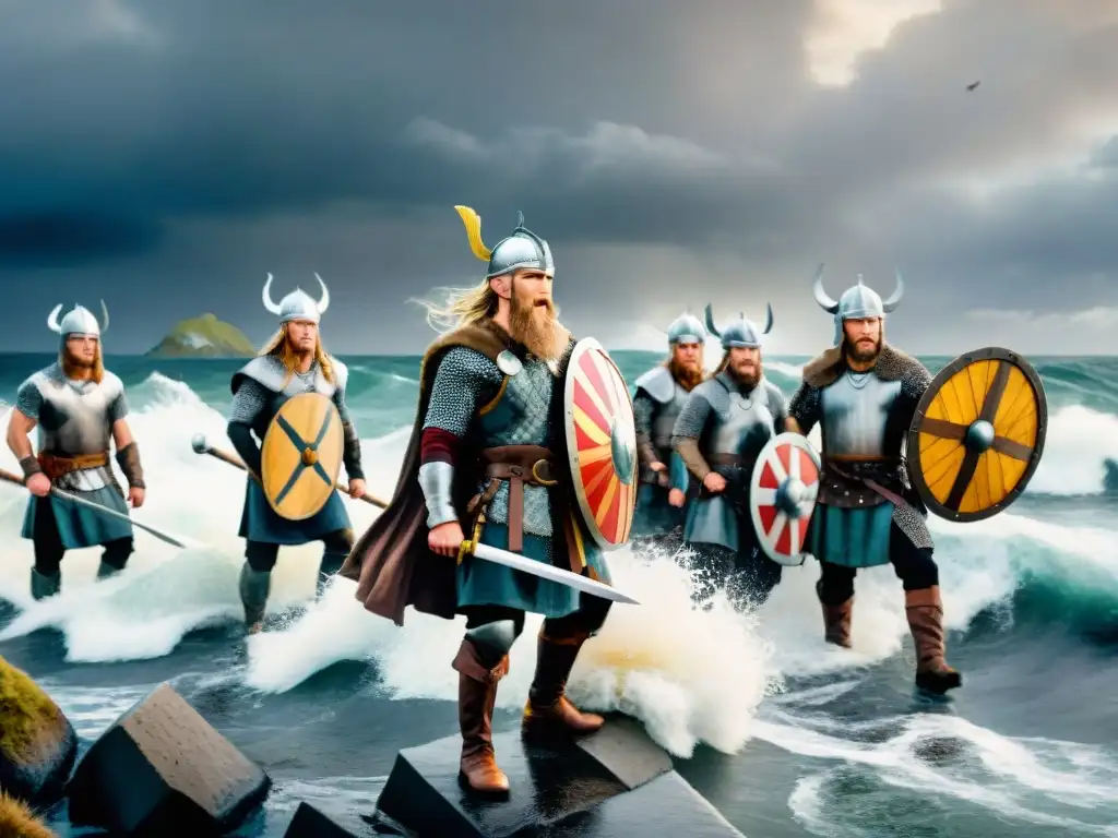 Influencia vikinga en inglés medio: Vikingos desembarcando en la costa de Inglaterra bajo un cielo tormentoso