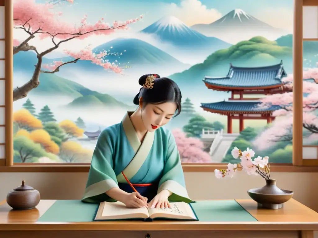 Influencias literarias Corea Japón: Pintura acuarela fusiona elementos culturales coreanos y japoneses en armonía