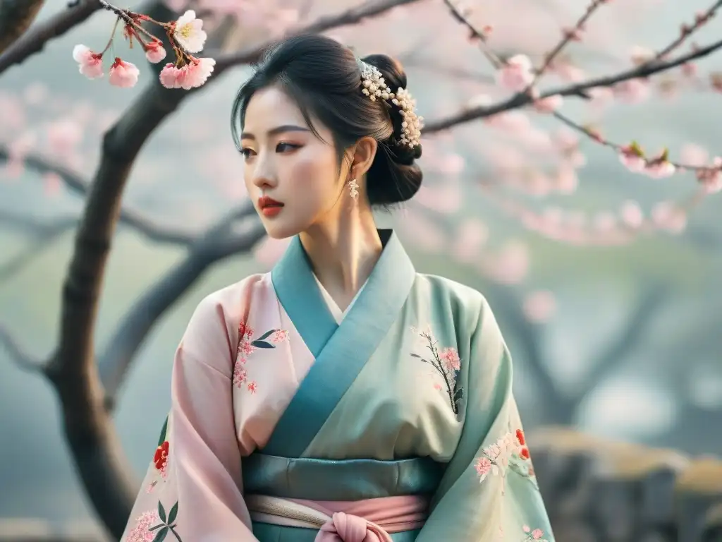 Influencias literarias Corea Japón: Ilustración acuarela de un sereno cerezo en flor con hanbok y kimono