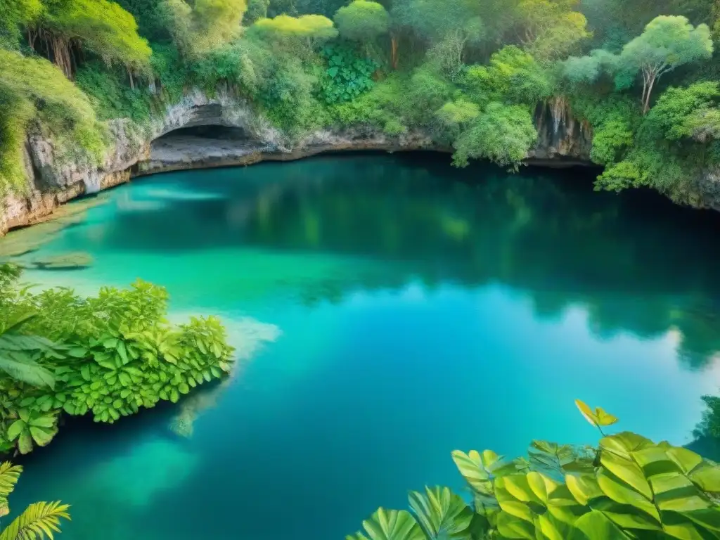 Una inmersión visual en un cenote sereno de la exuberante jungla de Yucatán