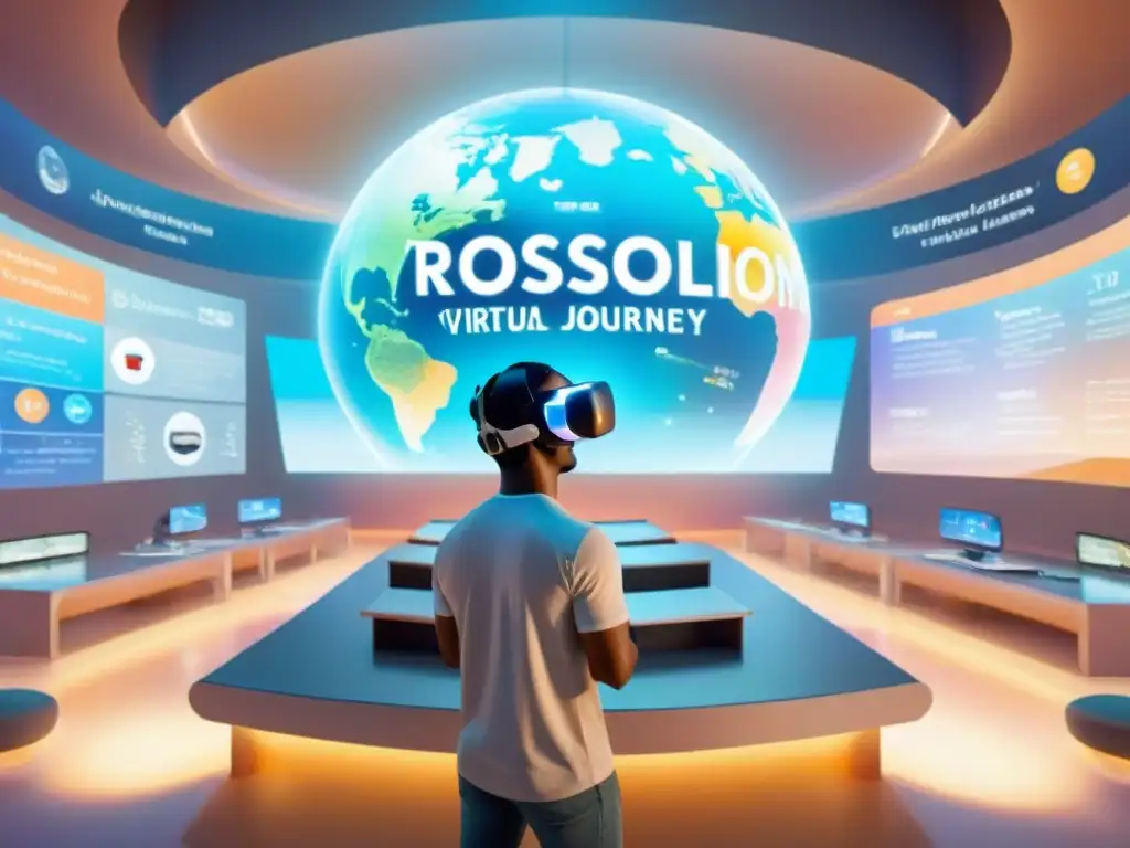 Inmersos en lecciones de idiomas en un aula de Realidad Virtual futurista