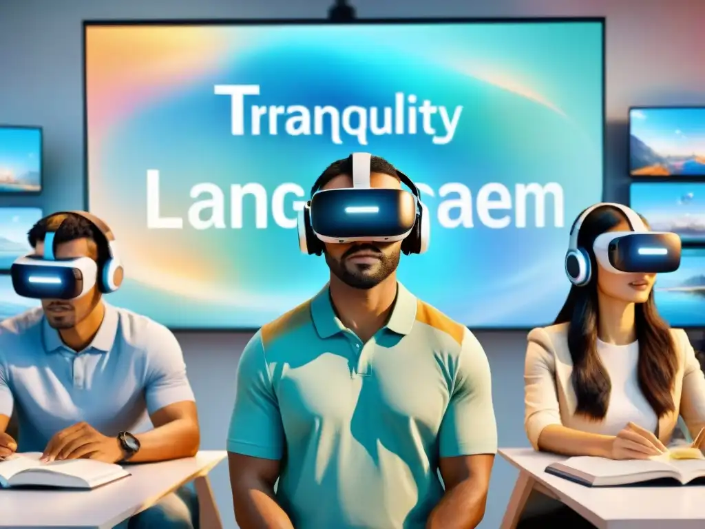 Inmersos en la Realidad Virtual para aprender idiomas, un grupo diverso de estudiantes interactúa con lecciones holográficas