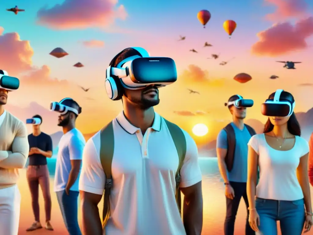 Inmersos en la Realidad Virtual para aprender idiomas, un grupo diverso de estudiantes rodeados de símbolos y paisajes culturales virtuales