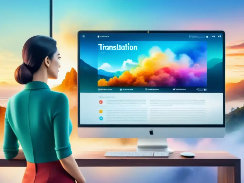 Innovaciones software traducción documentos digital: Ilustración detallada en acuarela de pantalla de computadora moderna mostrando un documento siendo traducido, con colores vibrantes y detalles intrincados que destacan el proceso de traducción digital de forma creativa y artística