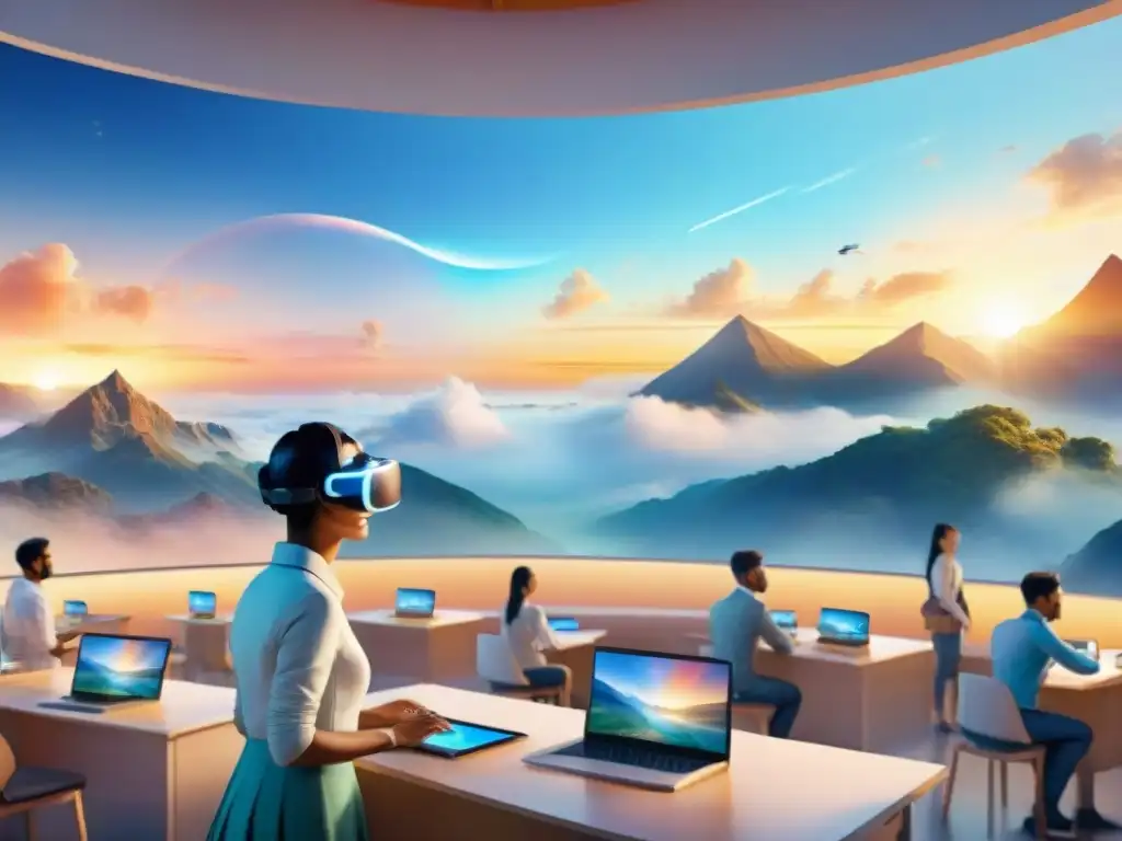 Clase del futuro: inmersión en idiomas con tecnología avanzada Innovador aula futurista con diversas personas aprendiendo idiomas con tecnología