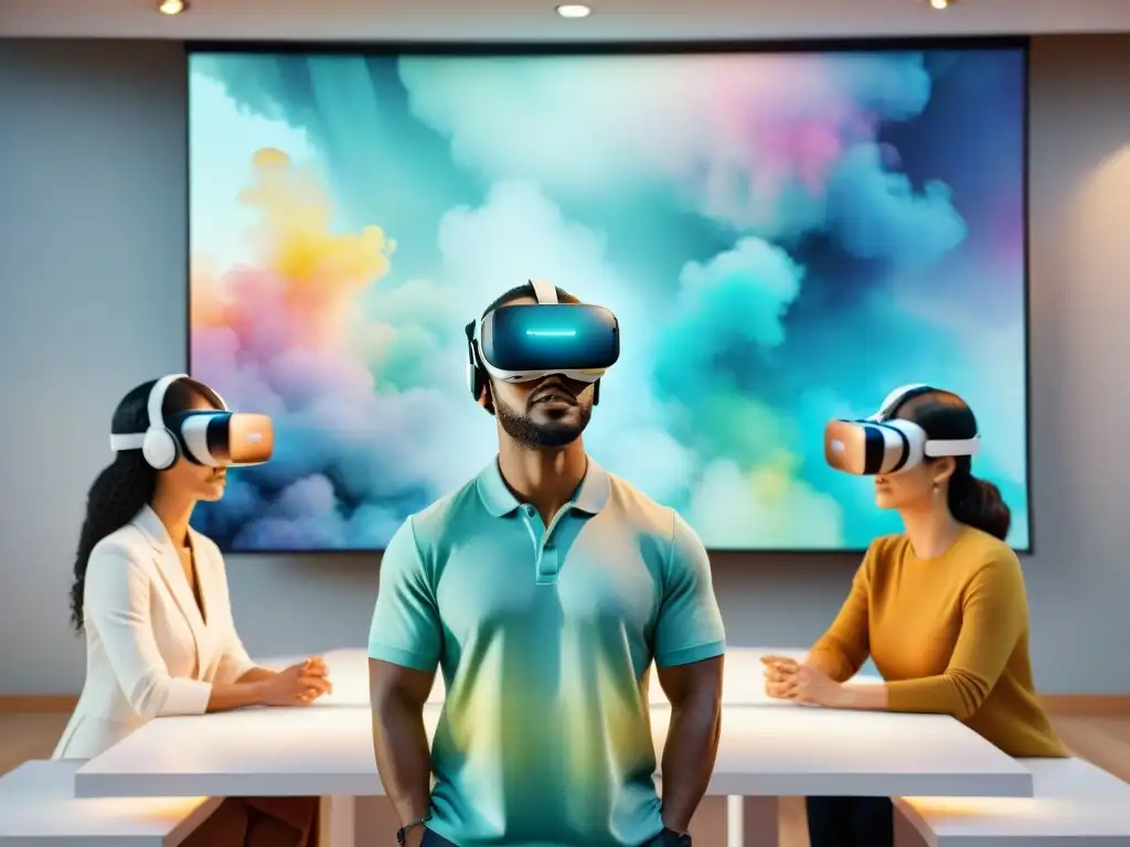Clase de idiomas virtual: diversidad cultural en realidad aumentada Innovadoras tendencias de aprendizaje de lenguas con tecnología futurista en acuarela