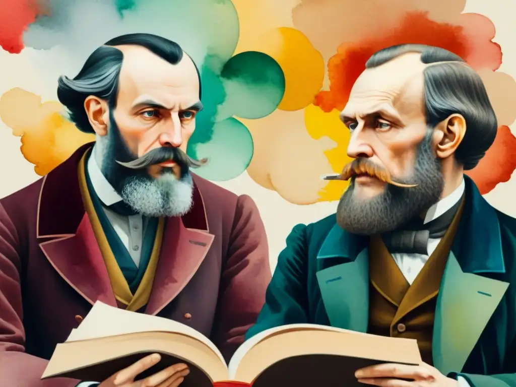 Intensa conversación entre Tolstoy y Dostoevsky sobre comparación traducciones Guerra y Paz en acuarela detallada