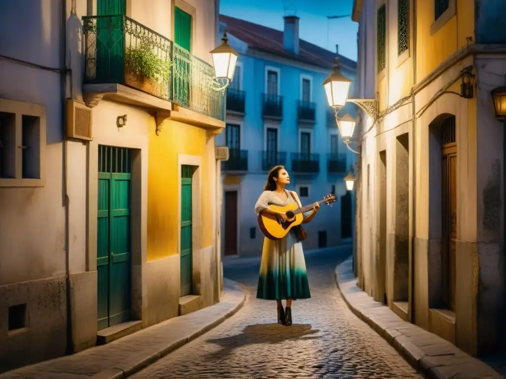 Intensa expresión musical de nostalgia portuguesa: cantante fado bajo farola en Lisboa