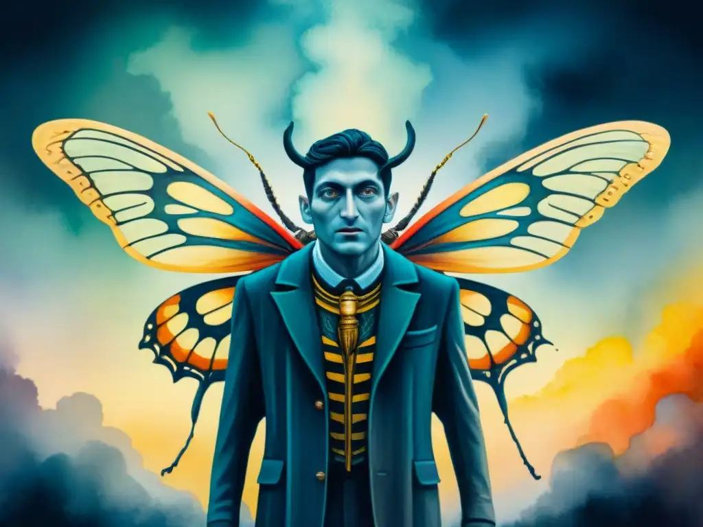 Intenso cuadro acuarela: hombre se transforma en insecto monstruoso, evocando a Kafka, con colores vibrantes y detalle impactante