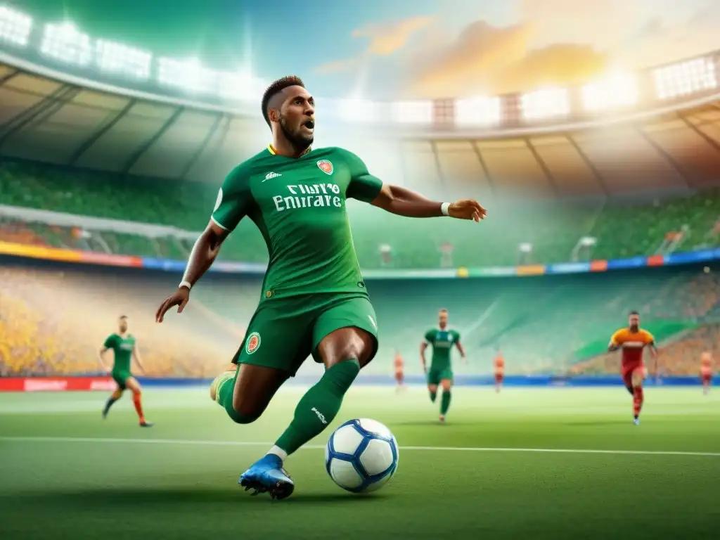 Intenso partido de fútbol capturando la pasión y energía de los jugadores en acción en un vibrante campo verde, rodeados de aficionados y banderas de equipo