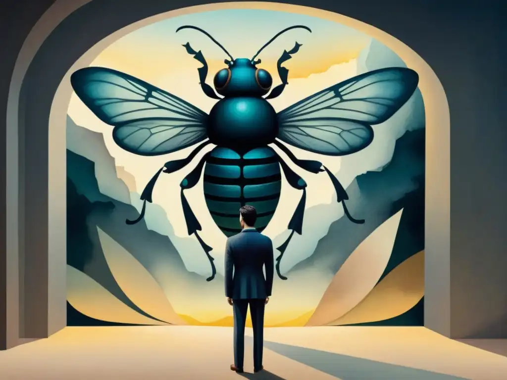 Una ilustración acuarela intrincada que representa la impactante transformación de Kafka en un insecto gigante en una habitación sombría, reflejando el impacto de las traducciones en su obra