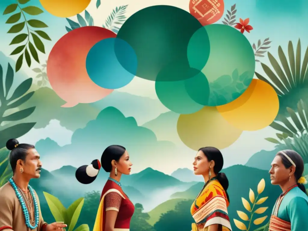 Intercambio cultural: diálogo de lenguas indígenas en acuarela Una ilustración acuarela intrincada que muestra la influencia de lenguas indígenas en español, con intercambio cultural y diversidad lingüística