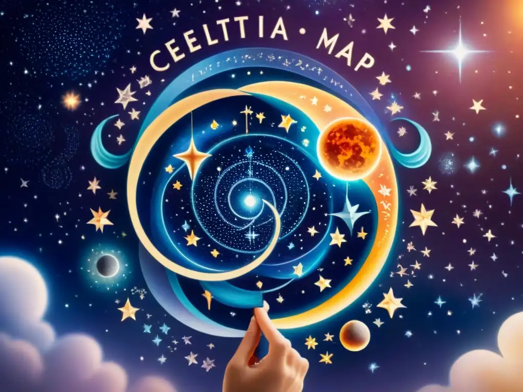 Intrincada ilustración acuarela de un mapa celestial con influencia de lenguas clásicas en nombres de estrellas