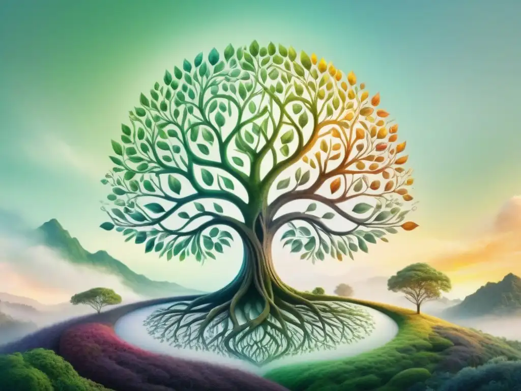 Intrincada ilustración acuarela: árbol con raíces en código binario