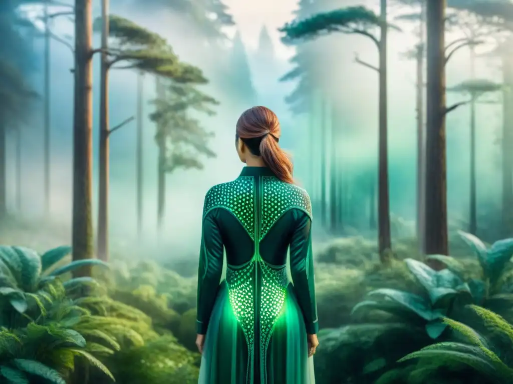 Una ilustración acuarela intrincada que fusiona tecnología futurista con la belleza de la naturaleza