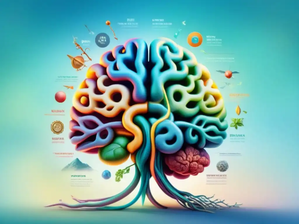 Una ilustración acuarela intrincada de las vías neuronales del cerebro entrelazadas con estructuras gramaticales de distintos idiomas